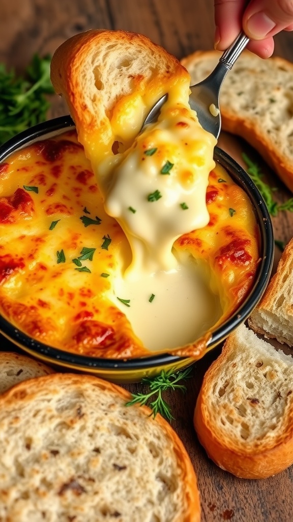 Baked cheese dish with crusty bread on a rustic table, garnished with herbs.